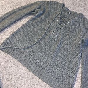 Gray Lace Up Sweater